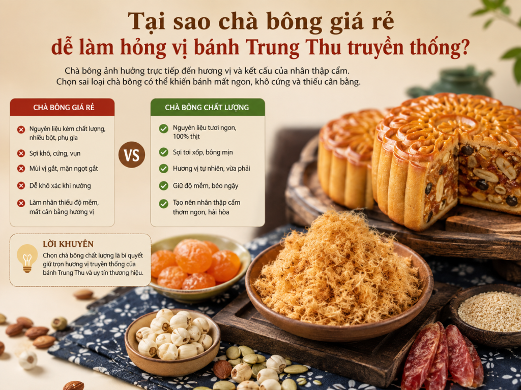 Tìm hiểu vì sao chà bông giá rẻ ảnh hưởng đến chất lượng bánh Trung Thu và cách lựa chọn nguồn chà bông sỉ ổn định cho cơ sở sản xuất.