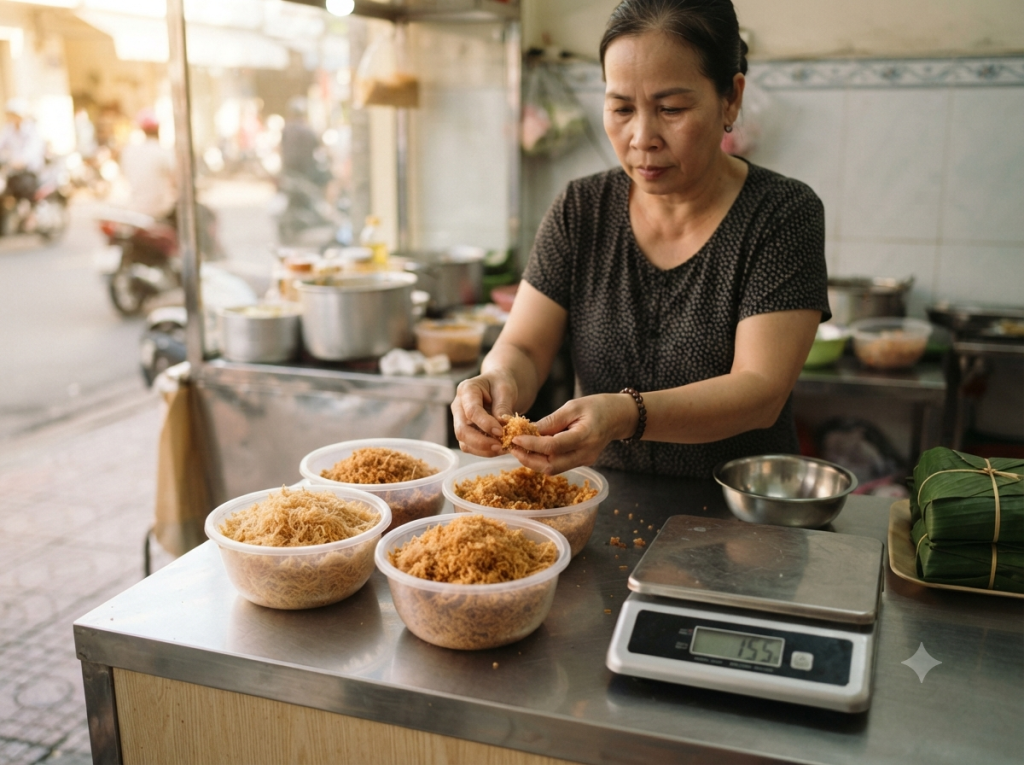 Chủ quán xôi kiểm tra độ tơi và sợi chà bông trước khi chọn nguyên liệu phù hợp để kinh doanh xôi mang đi mỗi ngày